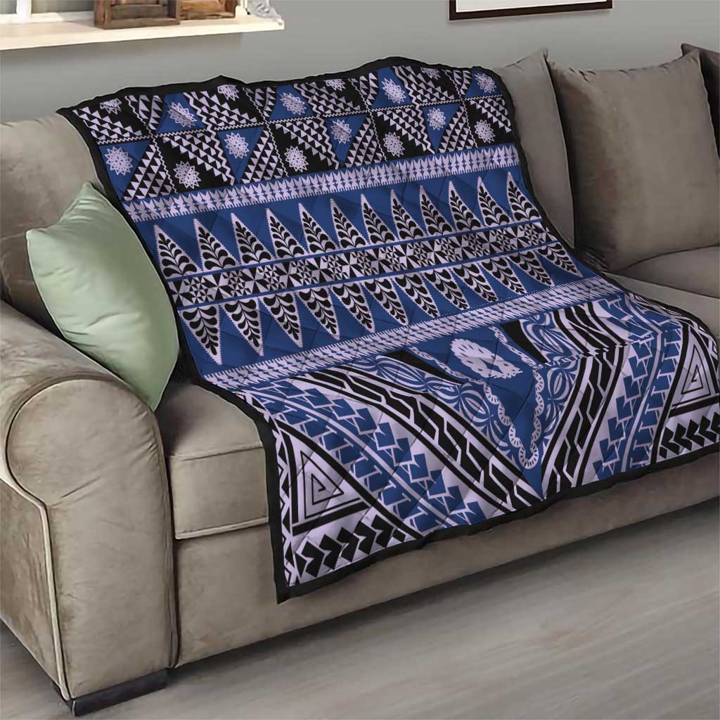 Vintage Bula Fiji Quilt Prussian Blue Tapa Masi Motif