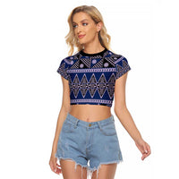 Vintage Bula Fiji Raglan Cropped T Shirt Prussian Blue Tapa Masi Motif