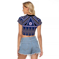 Vintage Bula Fiji Raglan Cropped T Shirt Prussian Blue Tapa Masi Motif