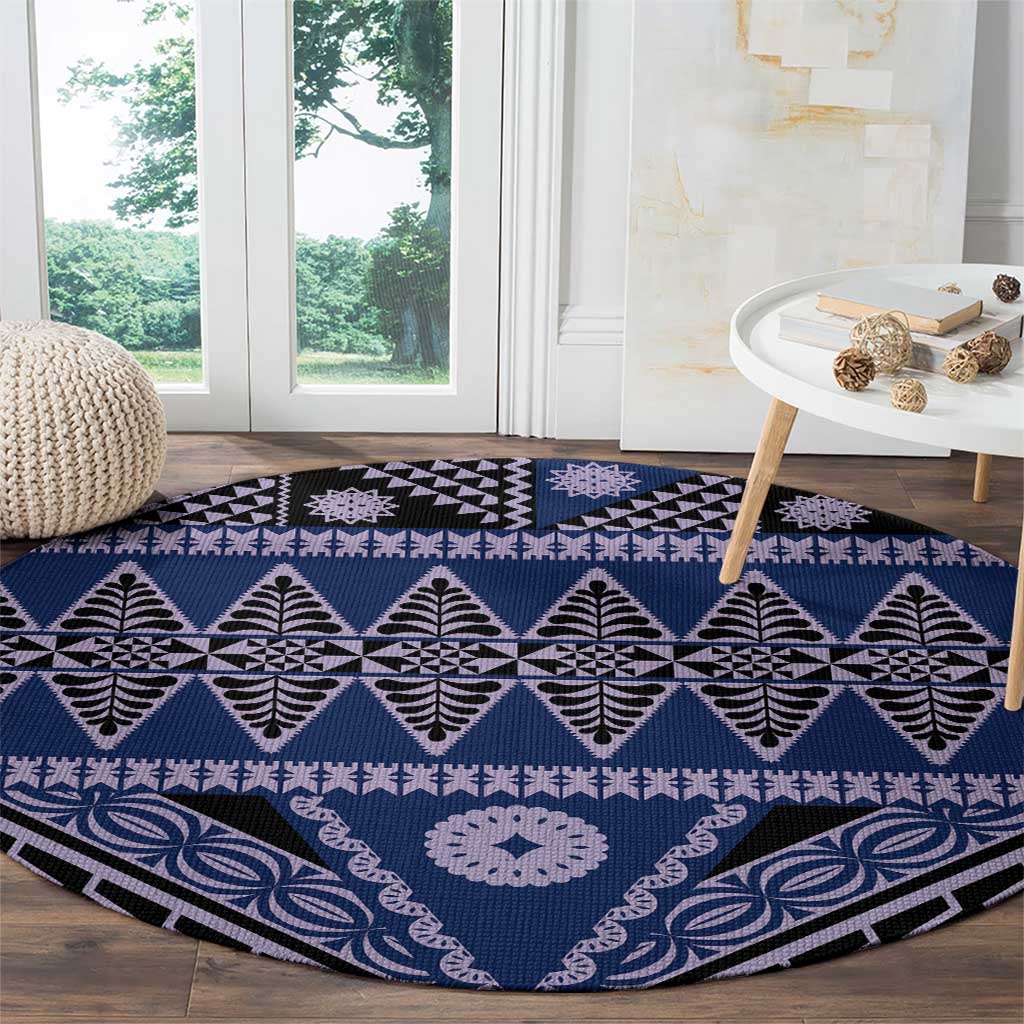 Vintage Bula Fiji Round Carpet Prussian Blue Tapa Masi Motif