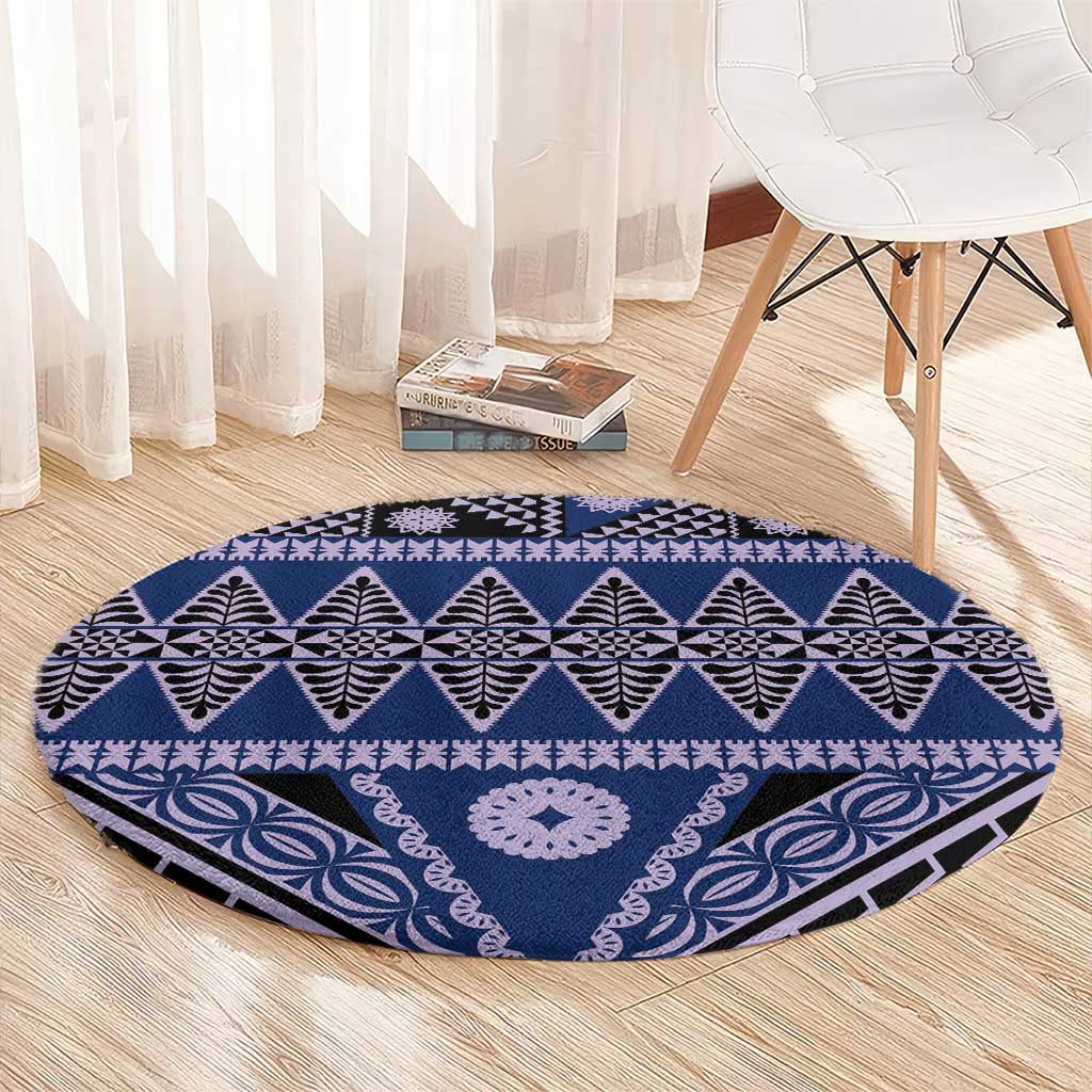 Vintage Bula Fiji Round Carpet Prussian Blue Tapa Masi Motif
