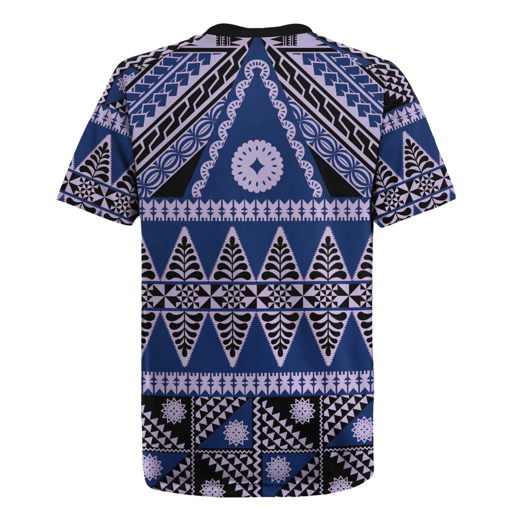 Vintage Bula Fiji Rugby Jersey Prussian Blue Tapa Masi Motif