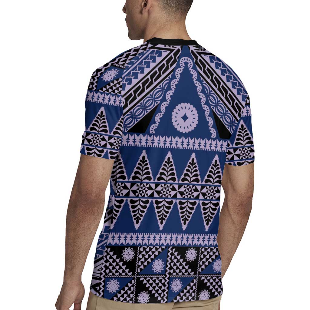 Vintage Bula Fiji Rugby Jersey Prussian Blue Tapa Masi Motif