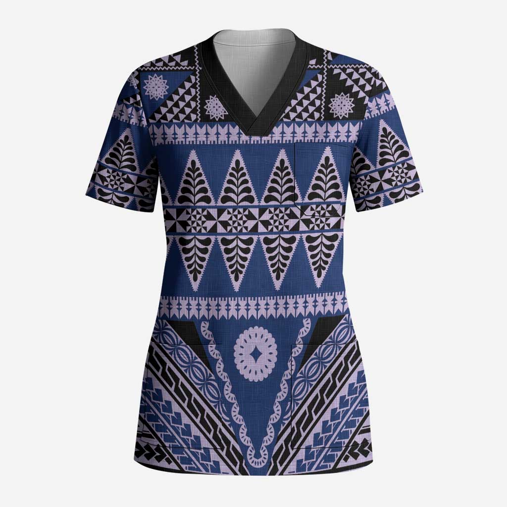 Vintage Bula Fiji Scrub Top Prussian Blue Tapa Masi Motif - Polynesian Pride