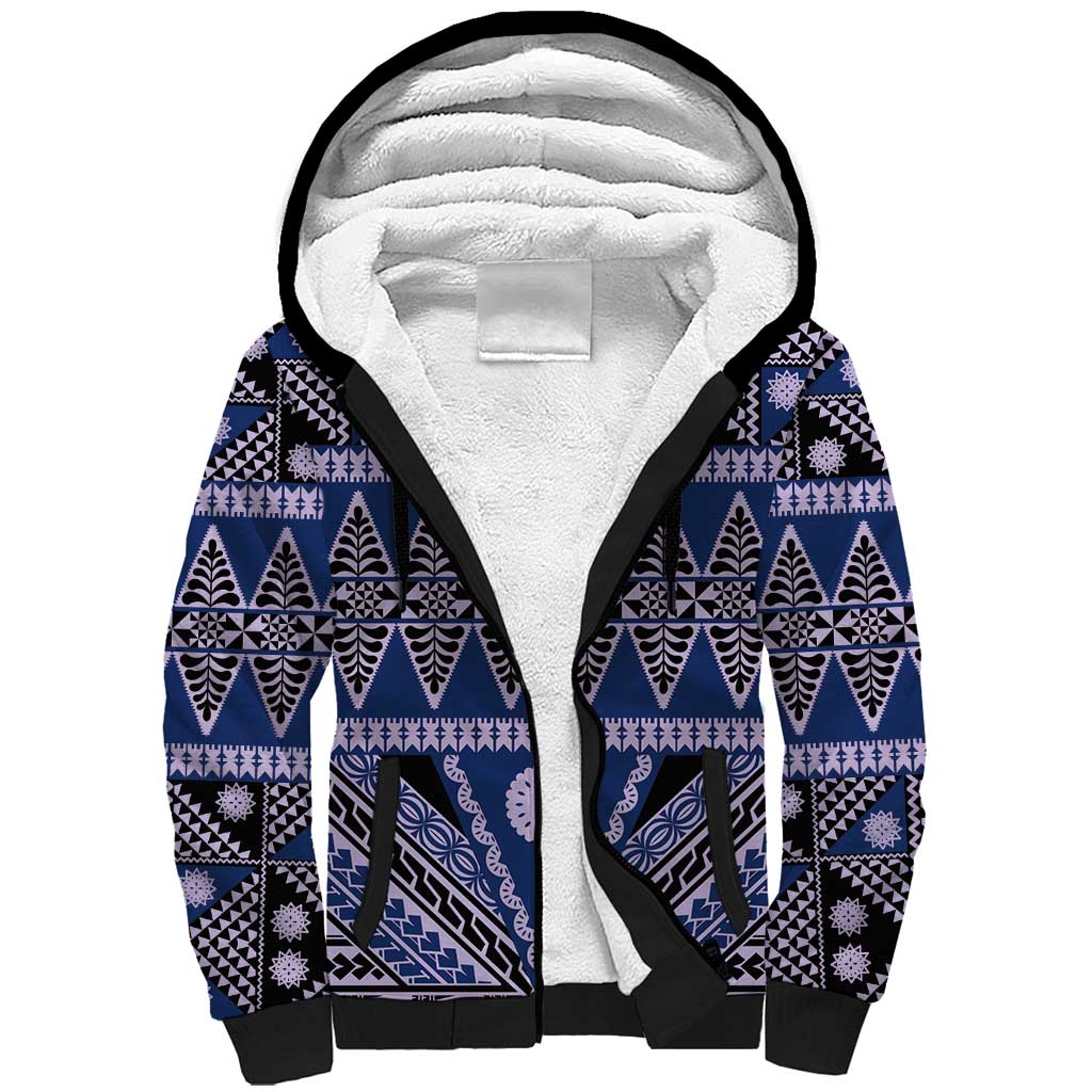 Vintage Bula Fiji Sherpa Hoodie Prussian Blue Tapa Masi Motif LT9 Unisex Blue - Polynesian Pride