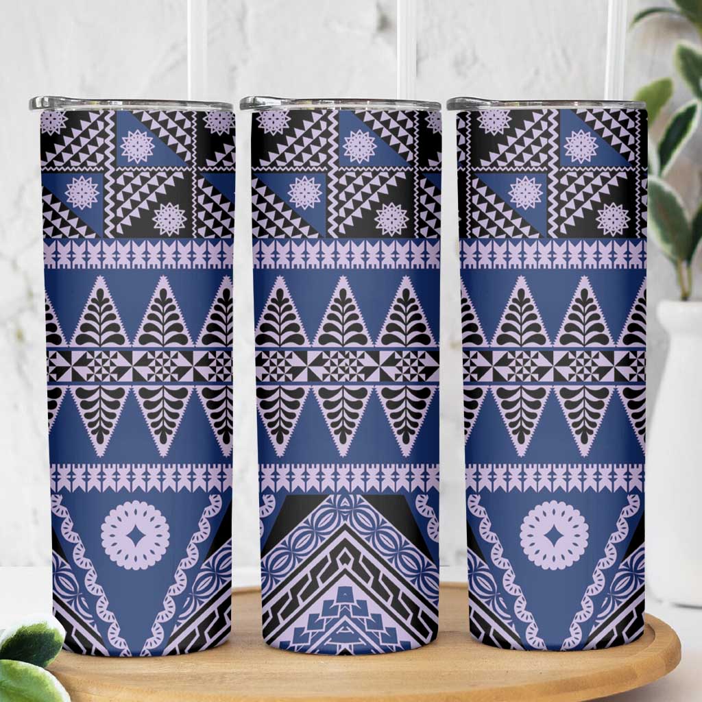 Vintage Bula Fiji Skinny Tumbler Prussian Blue Tapa Masi Motif LT9 - Polynesian Pride