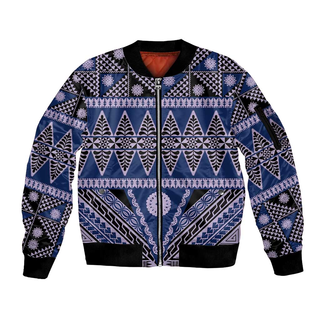 Vintage Bula Fiji Sleeve Zip Bomber Jacket Prussian Blue Tapa Masi Motif