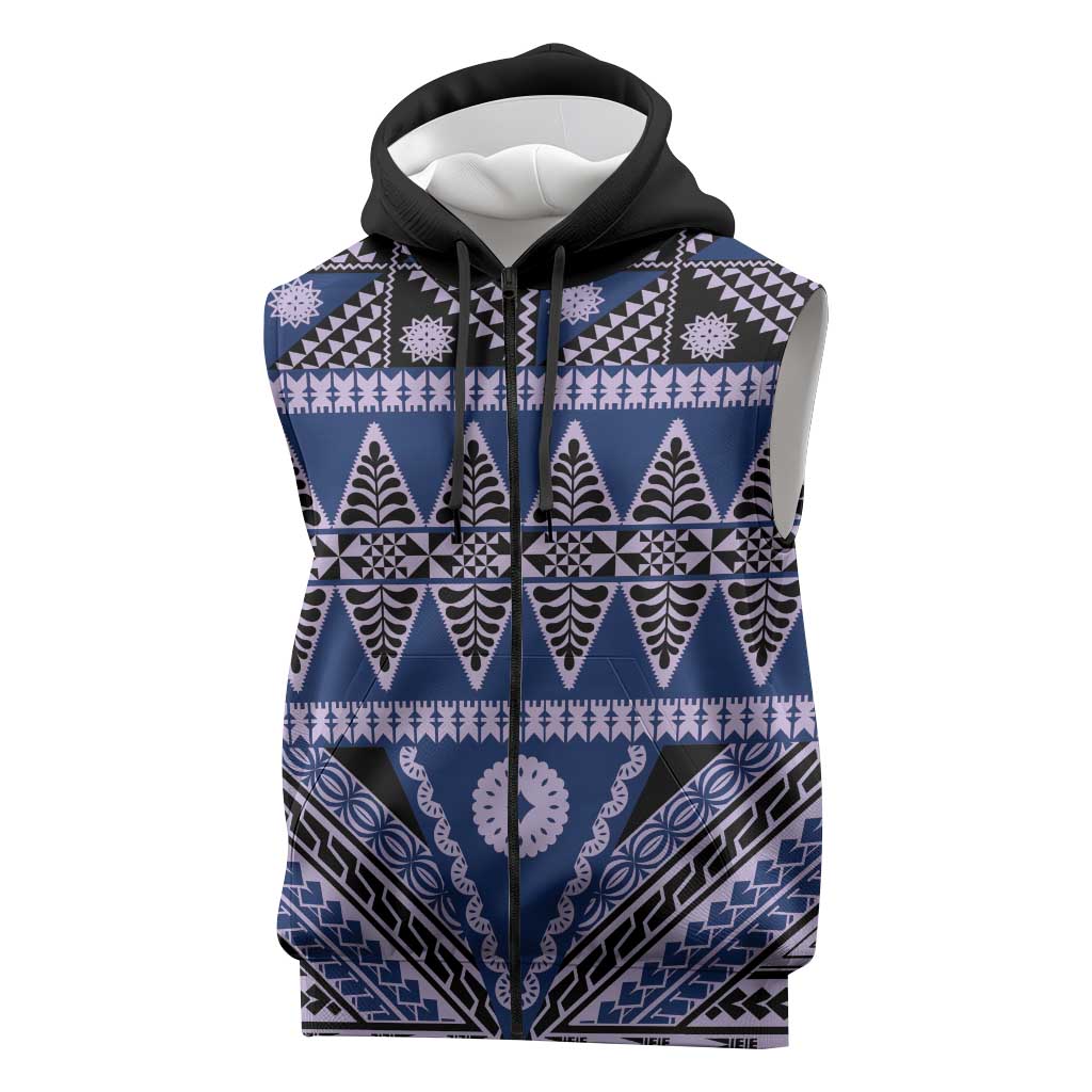 Vintage Bula Fiji Sleeveless Zip Hoodie Prussian Blue Tapa Masi Motif LT9 Blue - Polynesian Pride