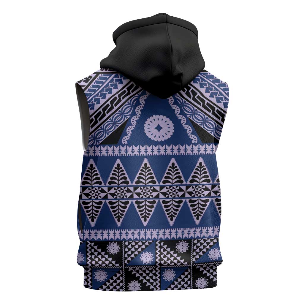 Vintage Bula Fiji Sleeveless Zip Hoodie Prussian Blue Tapa Masi Motif LT9 - Polynesian Pride