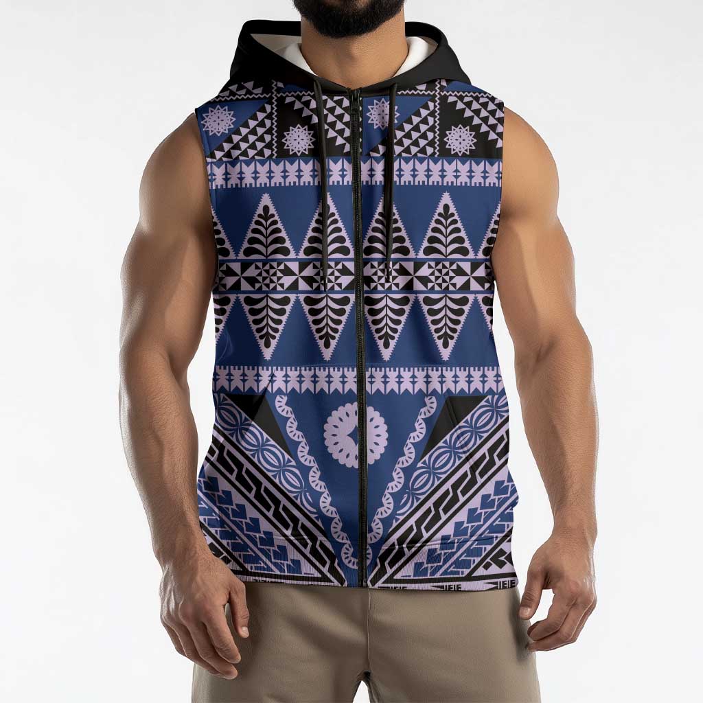 Vintage Bula Fiji Sleeveless Zip Hoodie Prussian Blue Tapa Masi Motif LT9 - Polynesian Pride