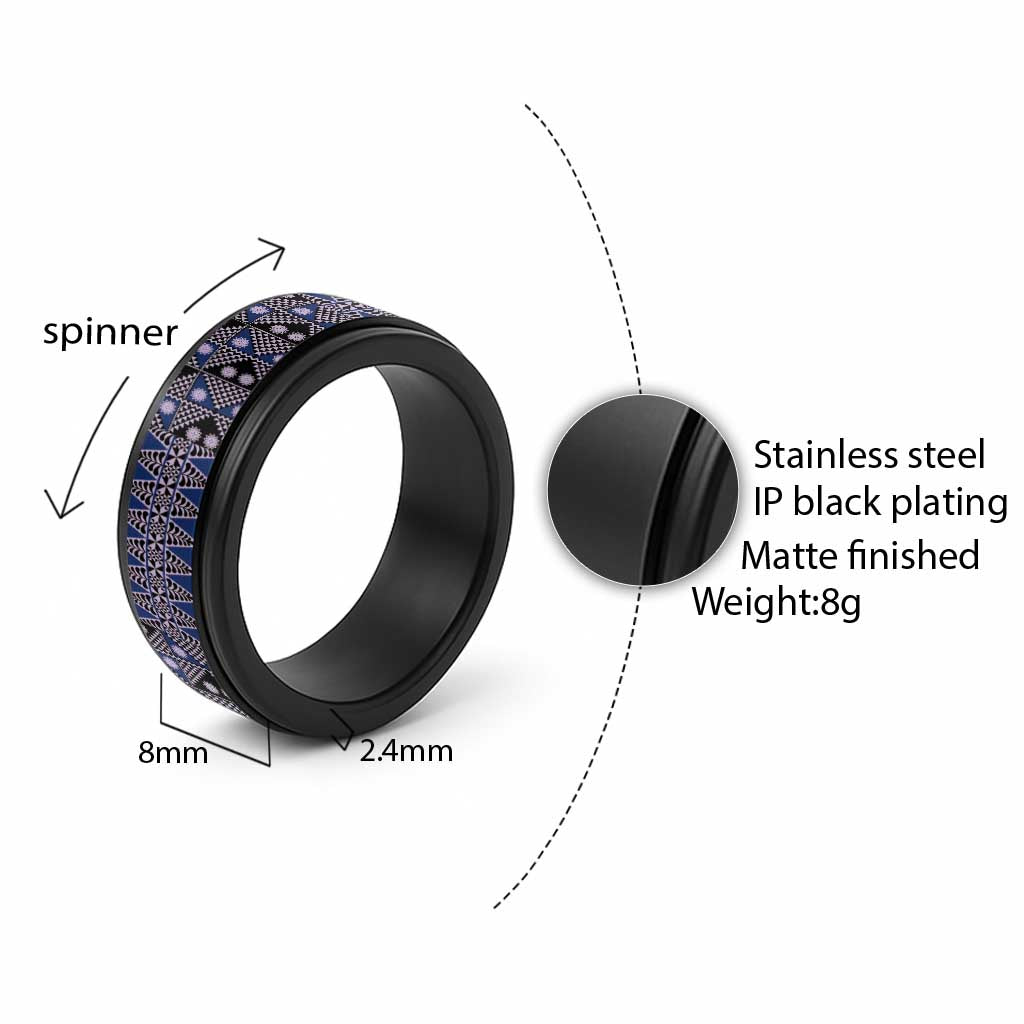 Vintage Bula Fiji Spinner Ring Prussian Blue Tapa Masi Motif - Polynesian Pride