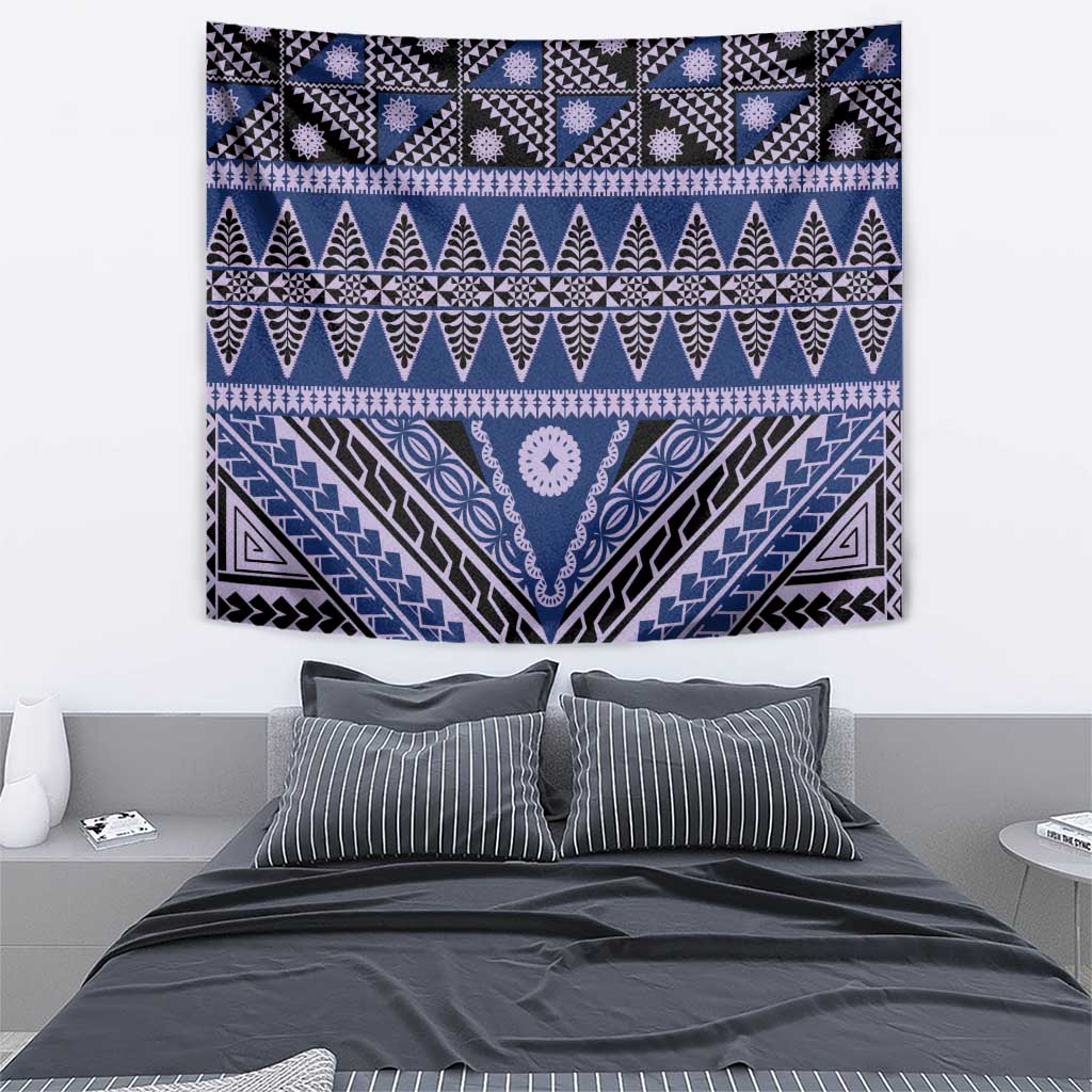 Vintage Bula Fiji Tapestry Prussian Blue Tapa Masi Motif