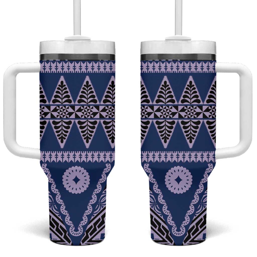 Vintage Bula Fiji Tumbler With Handle Prussian Blue Tapa Masi Motif