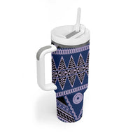 Vintage Bula Fiji Tumbler With Handle Prussian Blue Tapa Masi Motif