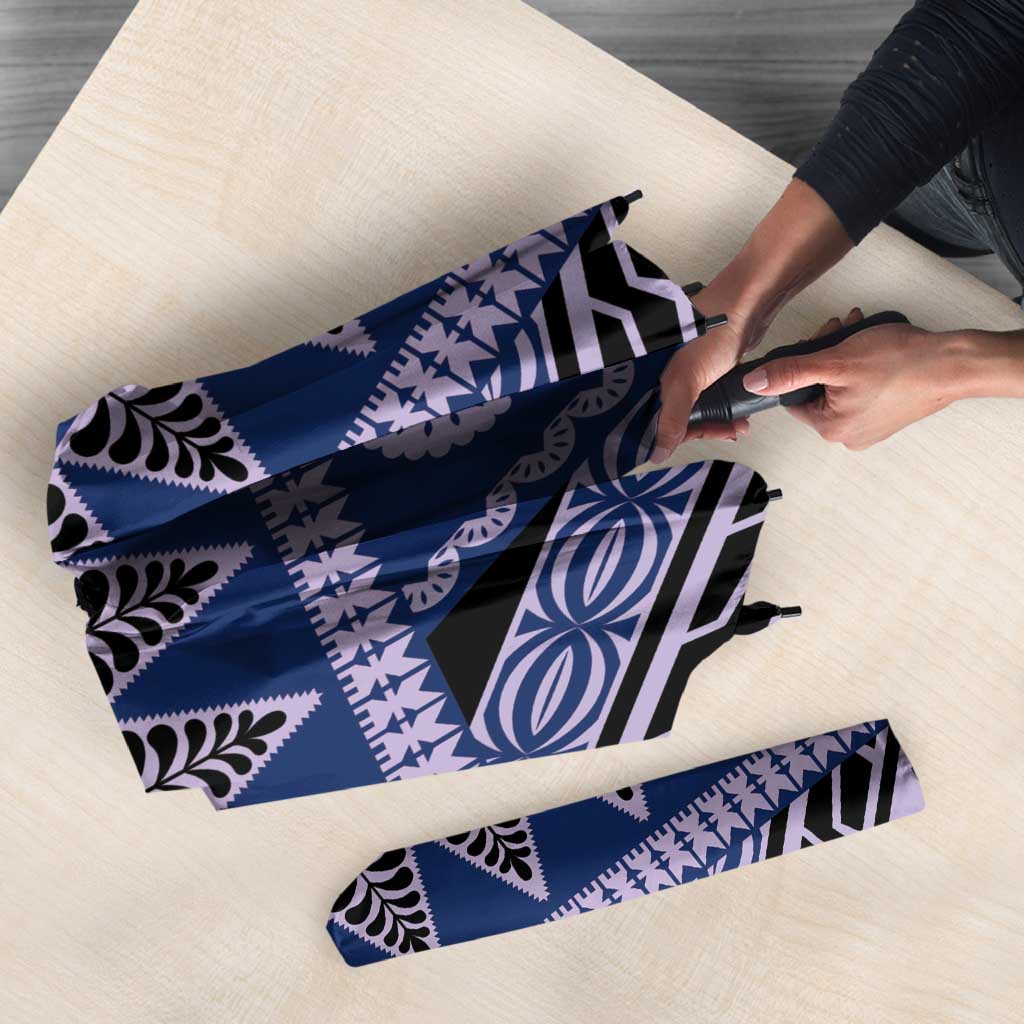 Vintage Bula Fiji Umbrella Prussian Blue Tapa Masi Motif - Polynesian Pride