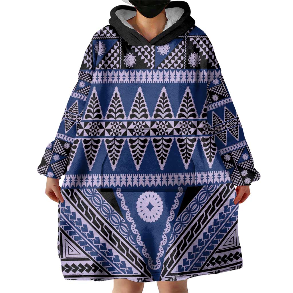 Vintage Bula Fiji Wearable Blanket Hoodie Prussian Blue Tapa Masi Motif LT9 - Polynesian Pride