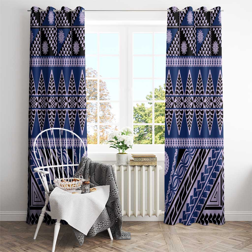 Vintage Bula Fiji Window Curtain Prussian Blue Tapa Masi Motif