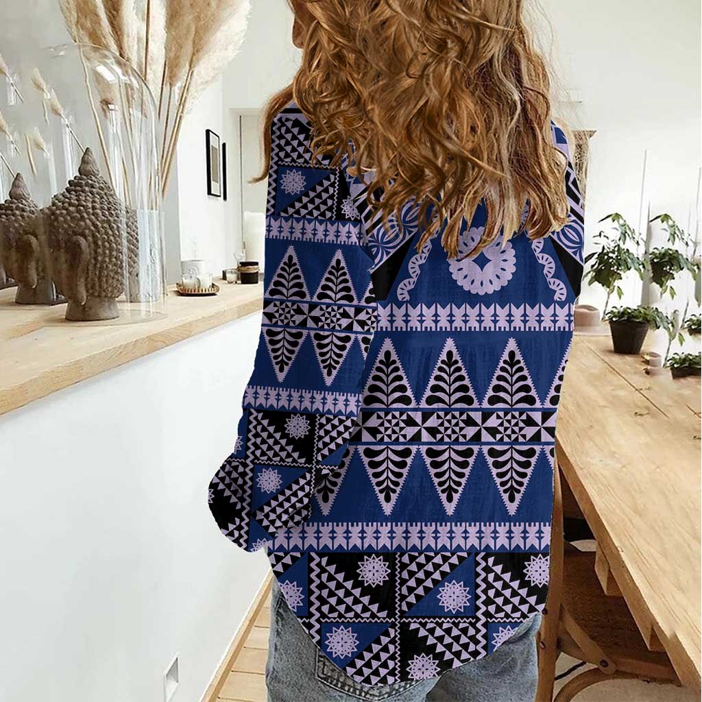 Vintage Bula Fiji Women Casual Shirt Prussian Blue Tapa Masi Motif LT9 - Polynesian Pride
