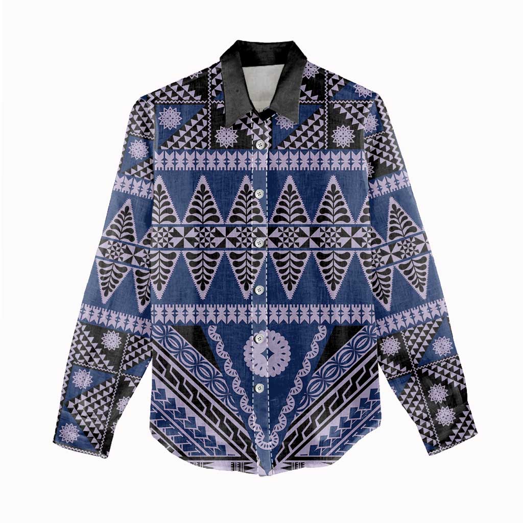 Vintage Bula Fiji Women Casual Shirt Prussian Blue Tapa Masi Motif LT9 - Polynesian Pride