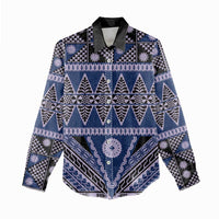 Vintage Bula Fiji Women Casual Shirt Prussian Blue Tapa Masi Motif LT9 - Polynesian Pride