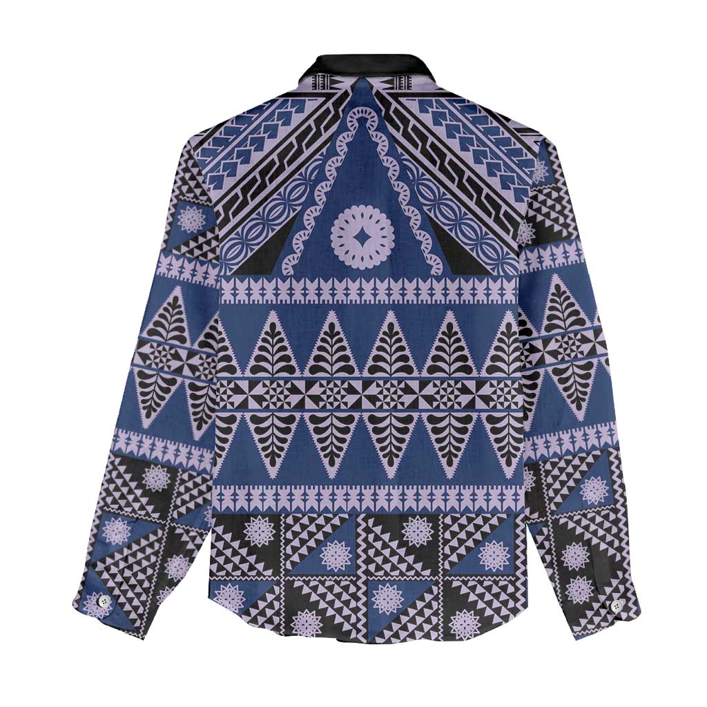 Vintage Bula Fiji Women Casual Shirt Prussian Blue Tapa Masi Motif LT9 - Polynesian Pride