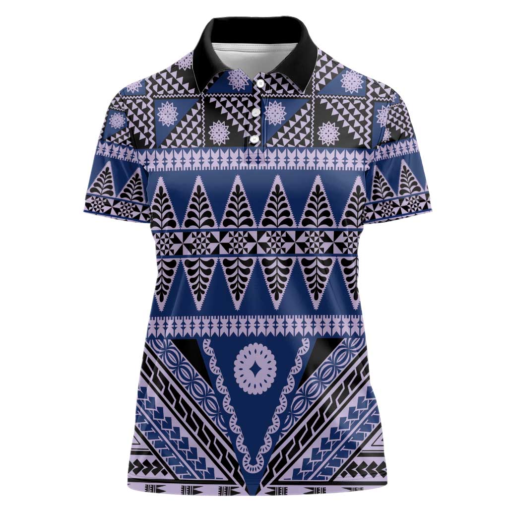 Vintage Bula Fiji Women Polo Shirt Prussian Blue Tapa Masi Motif LT9 Female Blue - Polynesian Pride
