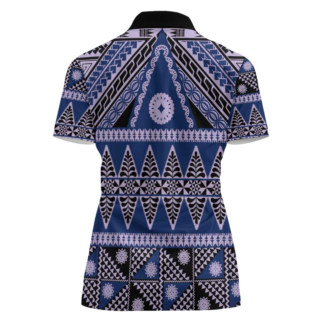 Vintage Bula Fiji Women Polo Shirt Prussian Blue Tapa Masi Motif LT9 - Polynesian Pride