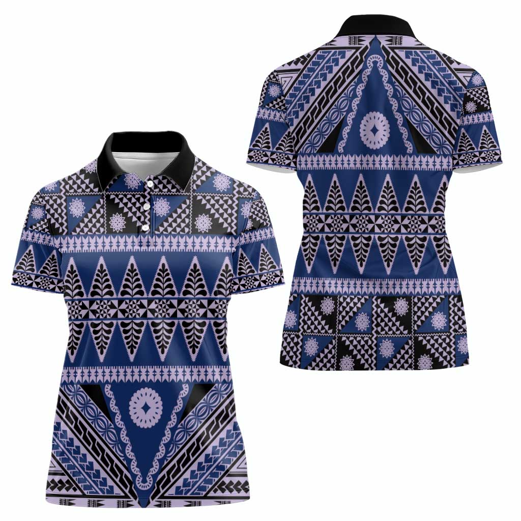 Vintage Bula Fiji Women Polo Shirt Prussian Blue Tapa Masi Motif LT9 - Polynesian Pride