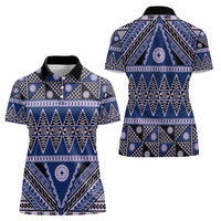 Vintage Bula Fiji Women Polo Shirt Prussian Blue Tapa Masi Motif LT9 - Polynesian Pride