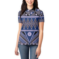 Vintage Bula Fiji Women Polo Shirt Prussian Blue Tapa Masi Motif LT9 - Polynesian Pride