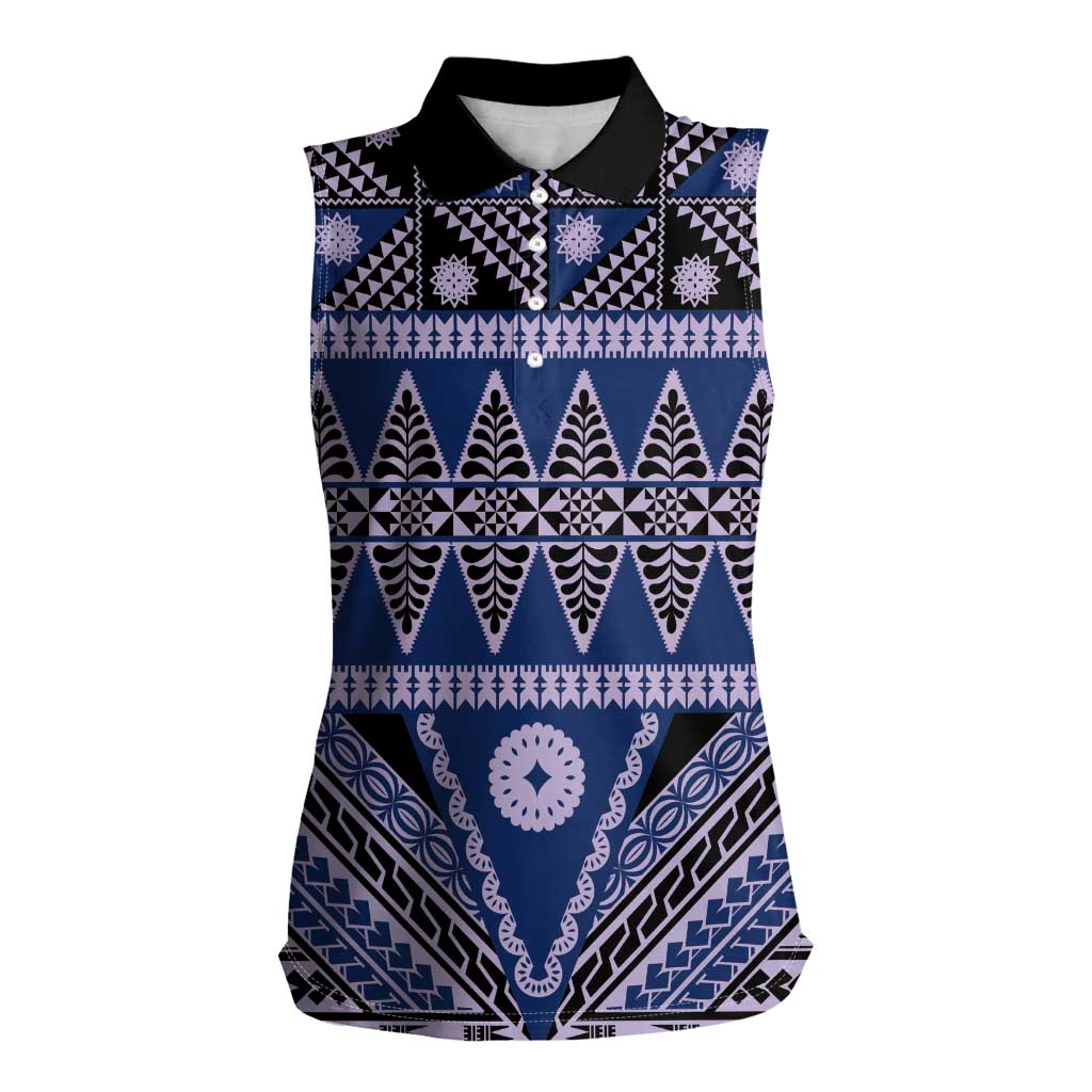 Vintage Bula Fiji Women Sleeveless Polo Shirt Prussian Blue Tapa Masi Motif LT9 Female Blue - Polynesian Pride