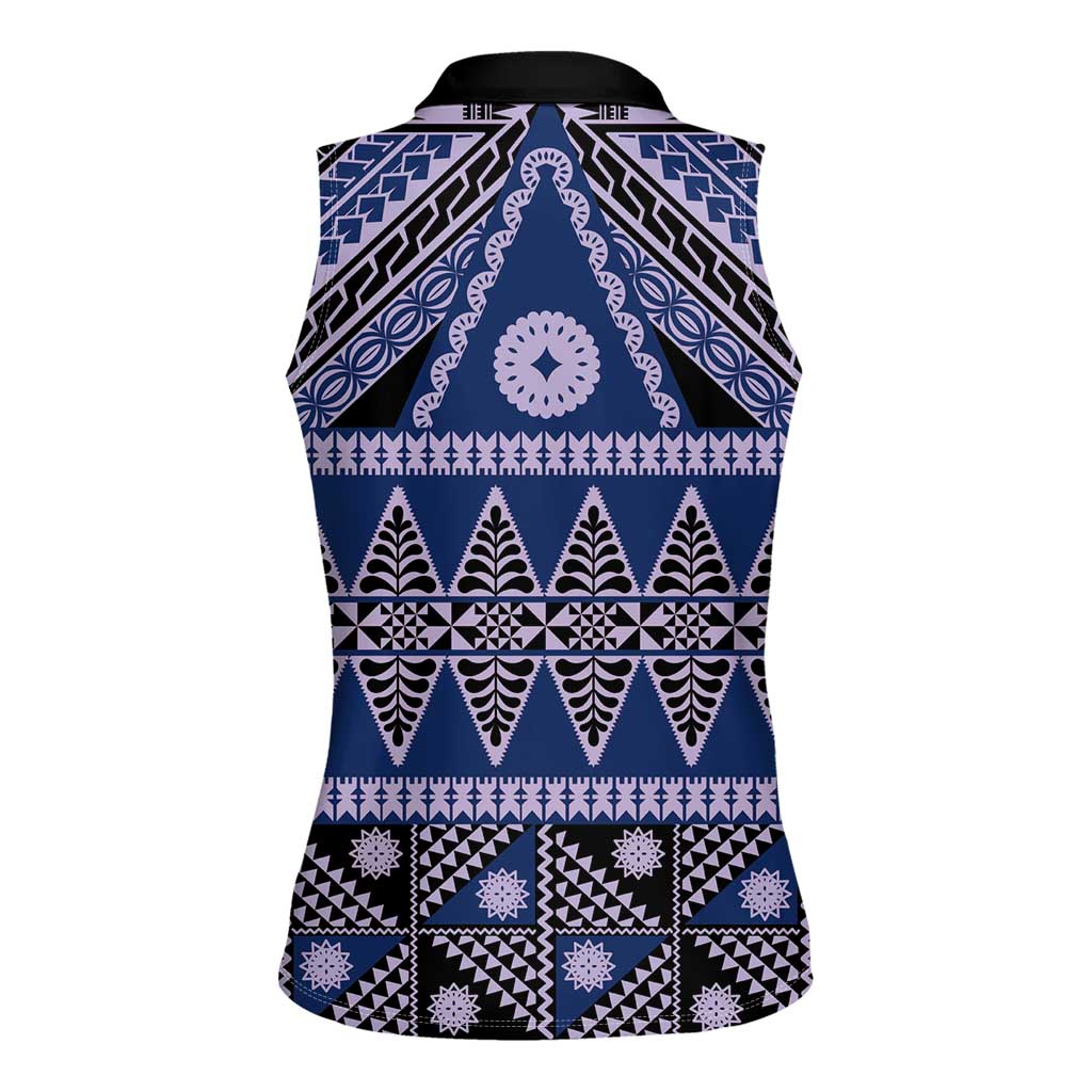Vintage Bula Fiji Women Sleeveless Polo Shirt Prussian Blue Tapa Masi Motif LT9 - Polynesian Pride
