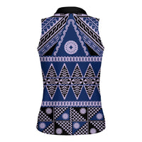 Vintage Bula Fiji Women Sleeveless Polo Shirt Prussian Blue Tapa Masi Motif LT9 - Polynesian Pride