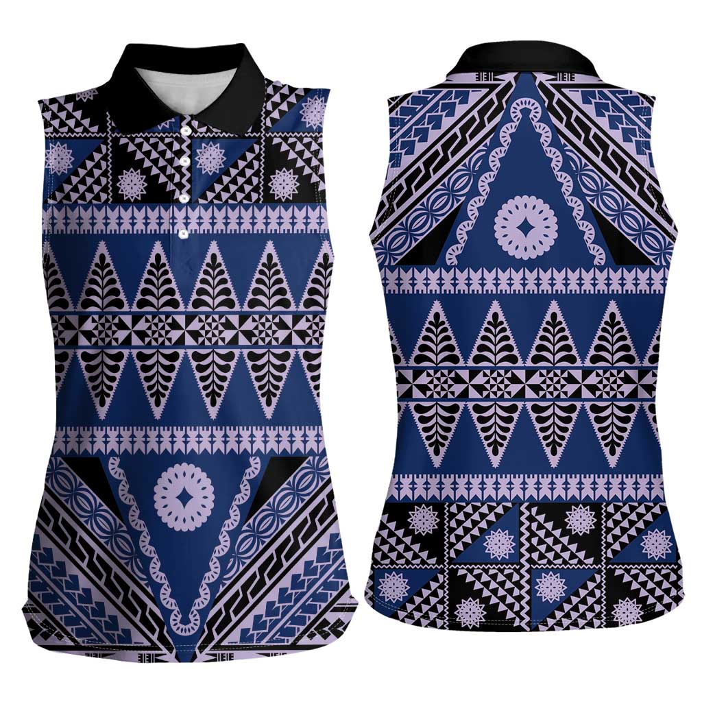 Vintage Bula Fiji Women Sleeveless Polo Shirt Prussian Blue Tapa Masi Motif LT9 - Polynesian Pride