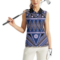 Vintage Bula Fiji Women Sleeveless Polo Shirt Prussian Blue Tapa Masi Motif LT9 - Polynesian Pride