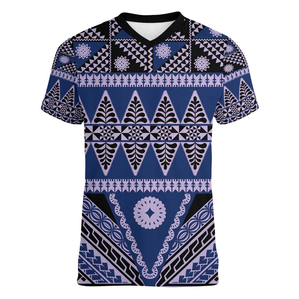 Vintage Bula Fiji Women V-Neck T-Shirt Prussian Blue Tapa Masi Motif LT9 Female Blue - Polynesian Pride