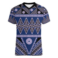 Vintage Bula Fiji Women V-Neck T-Shirt Prussian Blue Tapa Masi Motif LT9 Female Blue - Polynesian Pride
