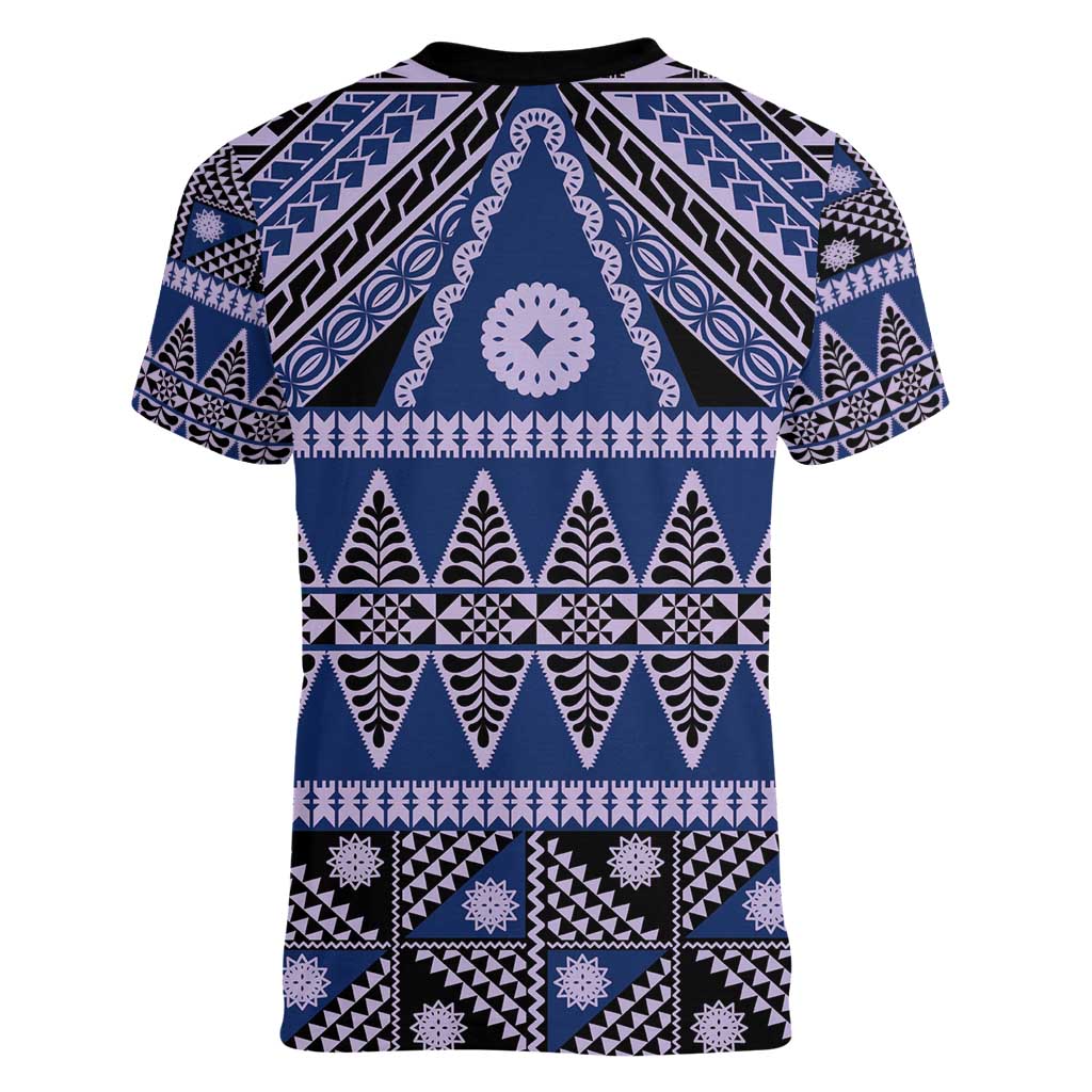 Vintage Bula Fiji Women V-Neck T-Shirt Prussian Blue Tapa Masi Motif LT9 - Polynesian Pride