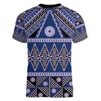 Vintage Bula Fiji Women V-Neck T-Shirt Prussian Blue Tapa Masi Motif LT9 - Polynesian Pride