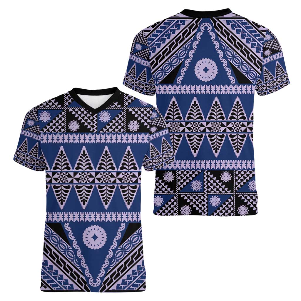 Vintage Bula Fiji Women V-Neck T-Shirt Prussian Blue Tapa Masi Motif LT9 - Polynesian Pride