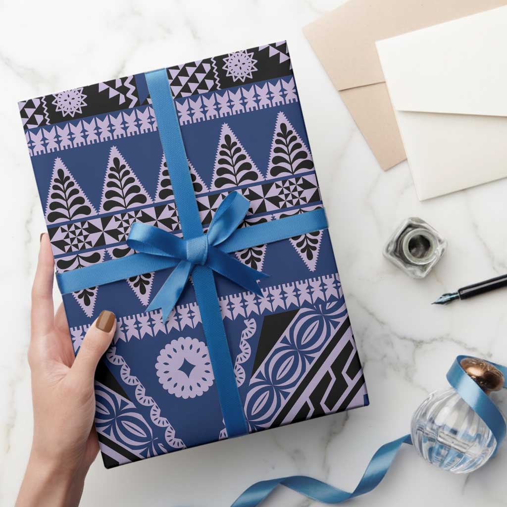 Vintage Bula Fiji Wrapping Paper Prussian Blue Tapa Masi Motif - Polynesian Pride