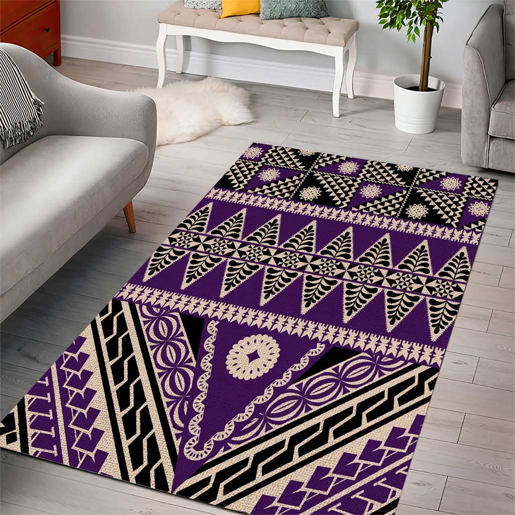 Vintage Bula Fiji Area Rug Purple Tapa Masi Motif