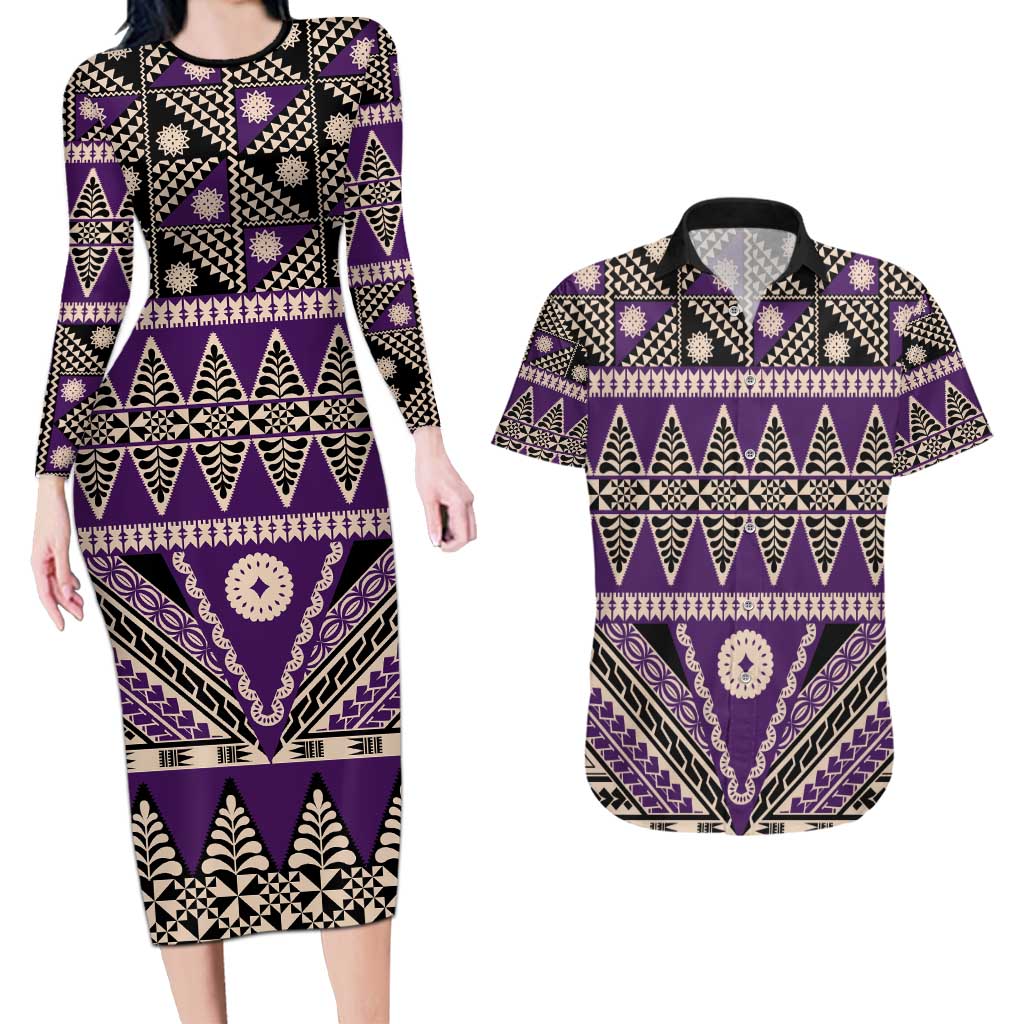 Vintage Bula Fiji Couples Matching Long Sleeve Bodycon Dress and Hawaiian Shirt Purple Tapa Masi Motif LT9 Purple - Polynesian Pride