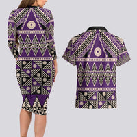 Vintage Bula Fiji Couples Matching Long Sleeve Bodycon Dress and Hawaiian Shirt Purple Tapa Masi Motif LT9 - Polynesian Pride