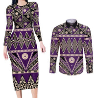 Vintage Bula Fiji Couples Matching Long Sleeve Bodycon Dress and Long Sleeve Button Shirt Purple Tapa Masi Motif LT9 Purple - Polynesian Pride