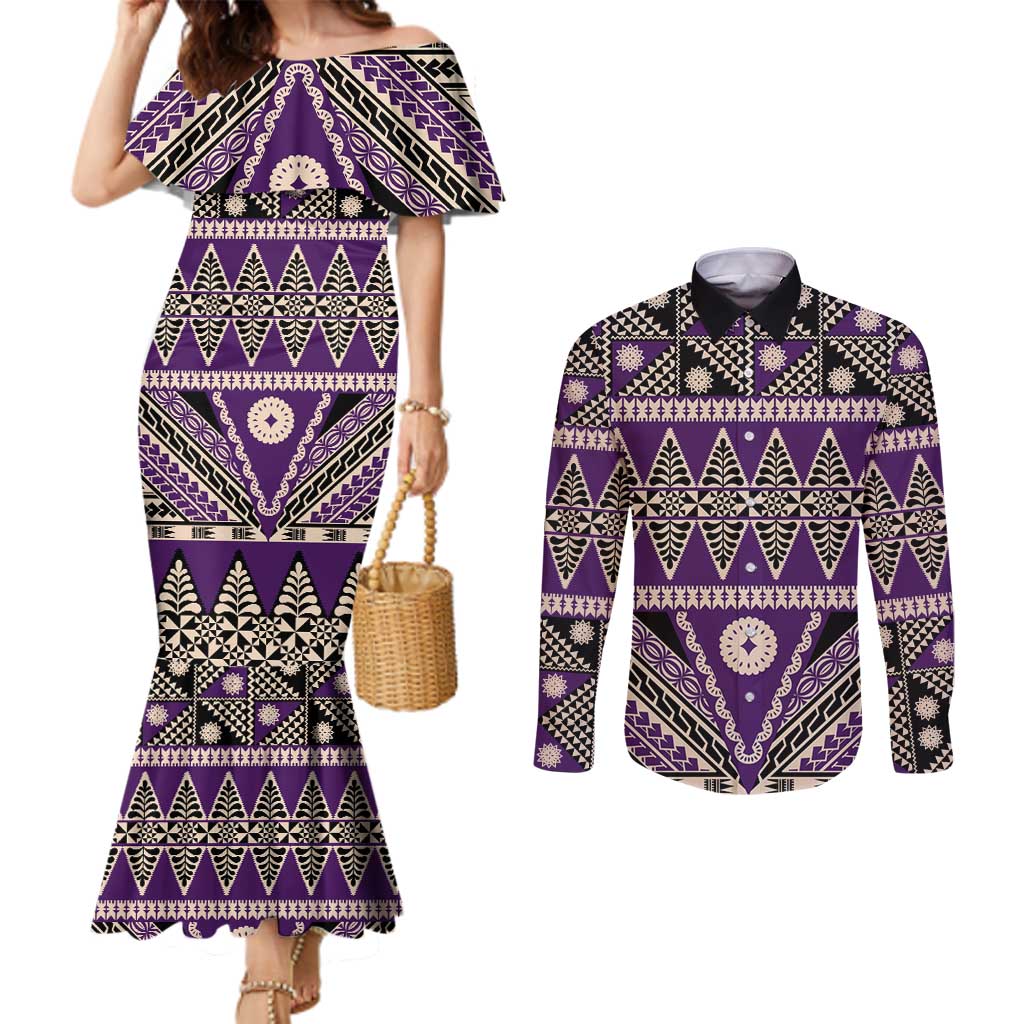 Vintage Bula Fiji Couples Matching Mermaid Dress and Long Sleeve Button Shirt Purple Tapa Masi Motif