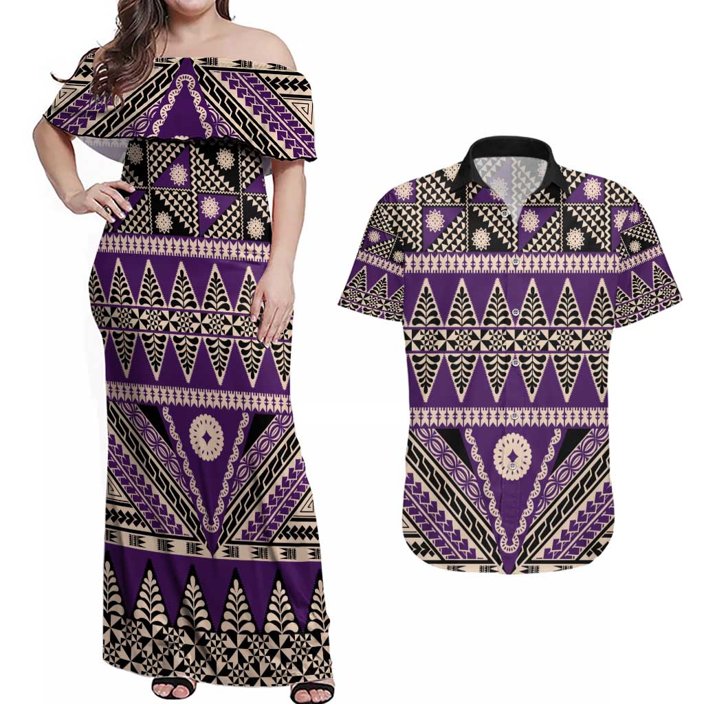 Vintage Bula Fiji Couples Matching Off Shoulder Maxi Dress and Hawaiian Shirt Purple Tapa Masi Motif LT9 Purple - Polynesian Pride