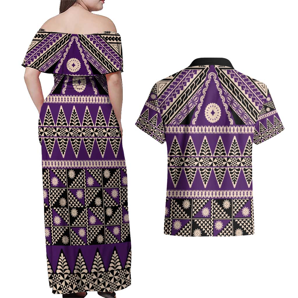 Vintage Bula Fiji Couples Matching Off Shoulder Maxi Dress and Hawaiian Shirt Purple Tapa Masi Motif LT9 - Polynesian Pride