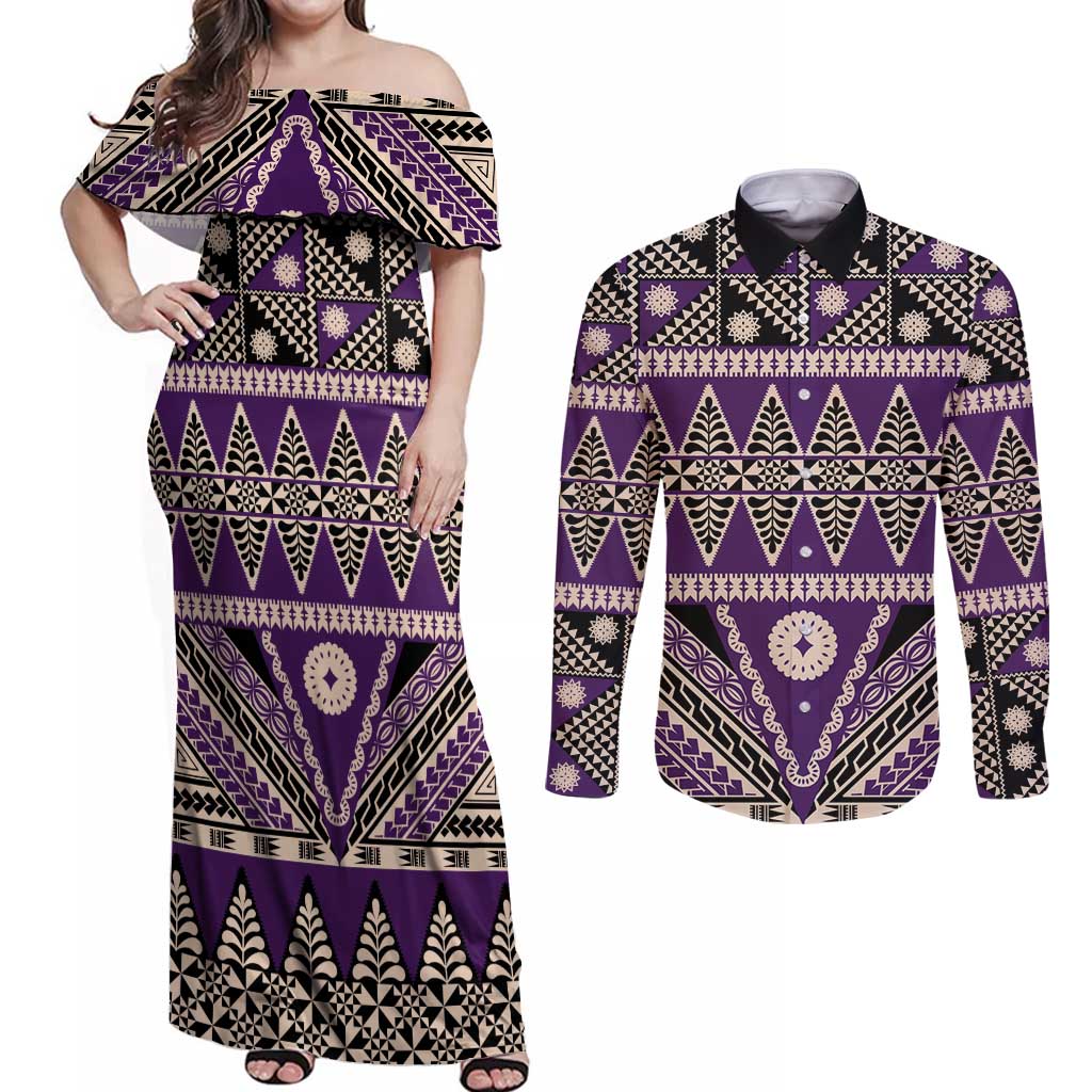 Vintage Bula Fiji Couples Matching Off Shoulder Maxi Dress and Long Sleeve Button Shirt Purple Tapa Masi Motif LT9 Purple - Polynesian Pride