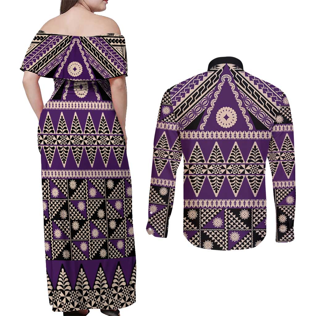 Vintage Bula Fiji Couples Matching Off Shoulder Maxi Dress and Long Sleeve Button Shirt Purple Tapa Masi Motif LT9 - Polynesian Pride